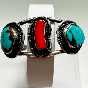 Vintage Navajo Kingman Turquoise Coral Silver Cuff Bracelet